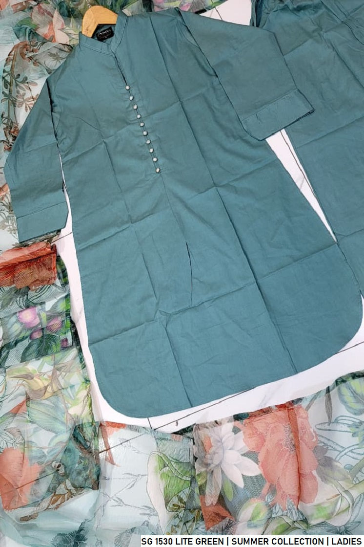 Pakistani women's light green lawn A-Line casual outfit back view