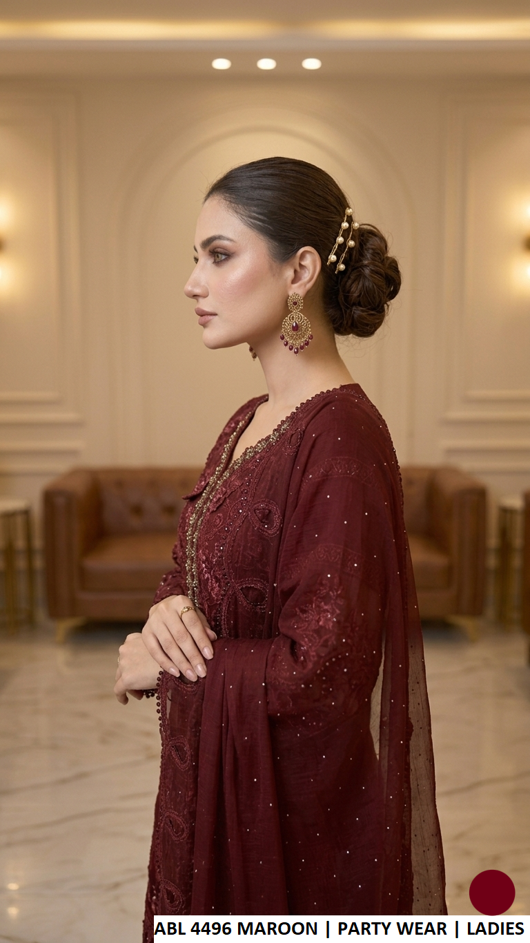 ABL 4496 MAROON - Maroon Chiffon 3-Piece Women's Pakistani Suit with Trousers