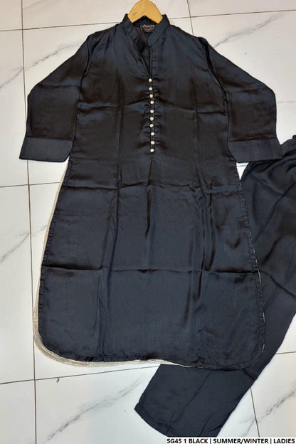 Silk A-Line shirt black - Pakistani women's formal party wear with silk trouser and chiffon dupatta front view