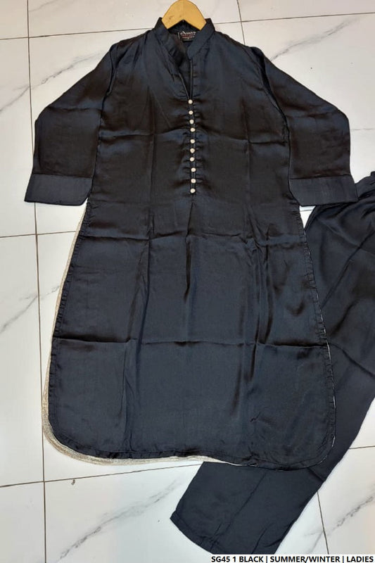 Black silk Pakistani women's A-Line shirt side view