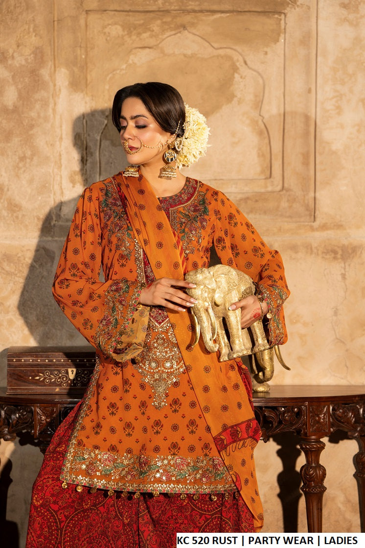 Rust printed georgette Pakistani women's short shirt with farshi plazo side view