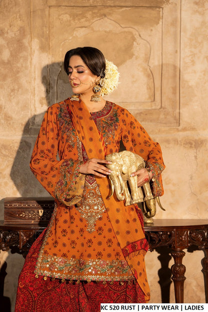 Rust printed georgette Pakistani women's short shirt with farshi plazo side view