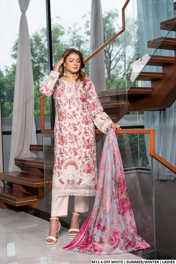 Lawn A-Line printed shirt - Pakistani women's casual summer outfit with cotton trouser and lawn dupatta front view
