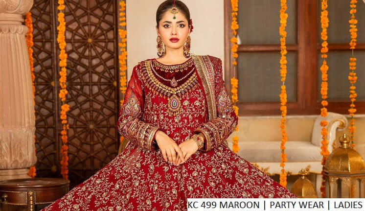 Pakistani women's maroon chiffon long frock plazo back view