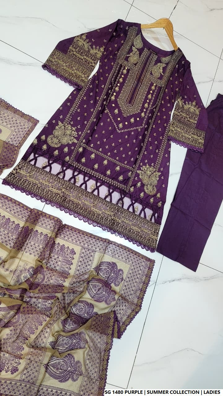 Pakistani women's purple lawn A-Line casual outfit back view