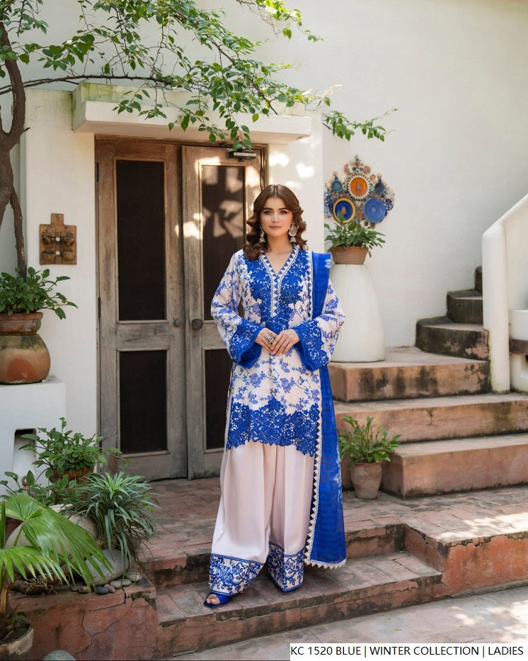 Silk 2-piece blue - Pakistani women's elegant formal wear with silk trouser and silk dupatta front view