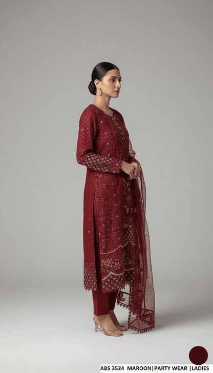 Pakistani women's maroon chiffon straight shirt back view