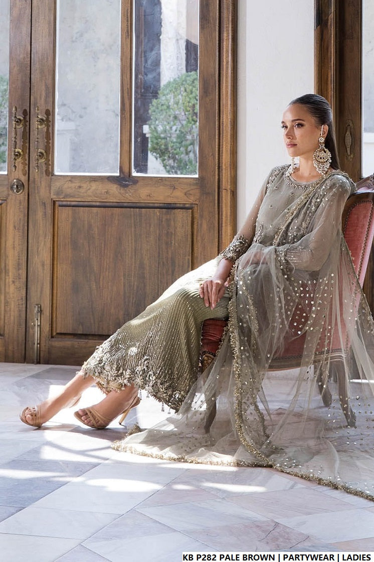 Pakistani women's pale brown hand embroidered luxury suit full view