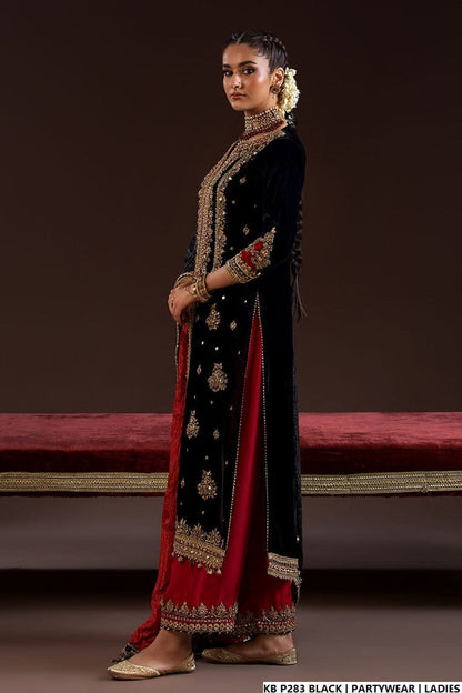 Pakistani women's black velvet hand embroidered luxury suit detail view