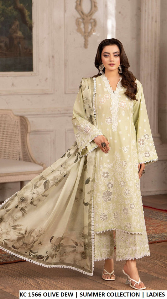 Cotton organza cutwork high neck shirt KC TABEER 1566 OLIVE DEW - Pakistani women's casual outfit with 3D flower work and matte chiffon dupatta front view
