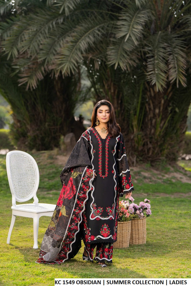 Cotton straight shirt plazo obsidian black - Pakistani women's casual elegant outfit with digital print dupatta front view