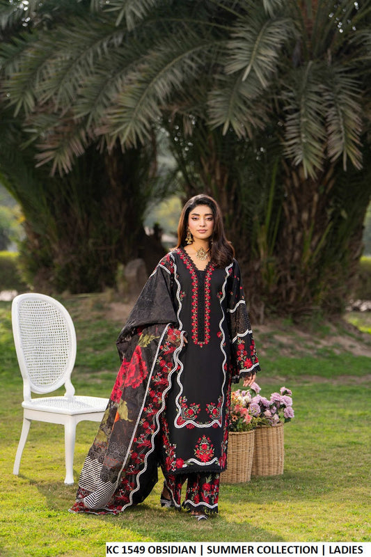 Cotton straight shirt plazo obsidian black - Pakistani women's casual elegant outfit with digital print dupatta front view