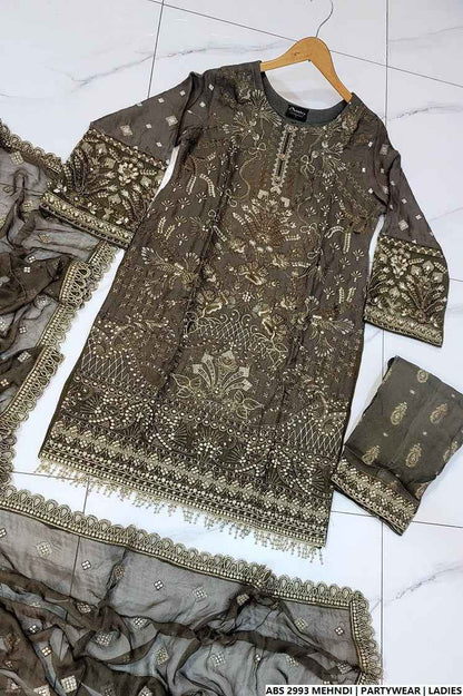 Pakistani women's mehndi green organza straight shirt back view