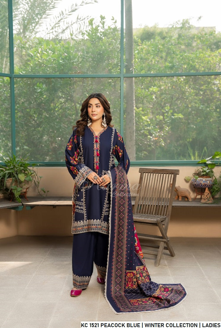 Silk short shirt peacock blue - Pakistani women's traditional formal outfit with silk fabric front view