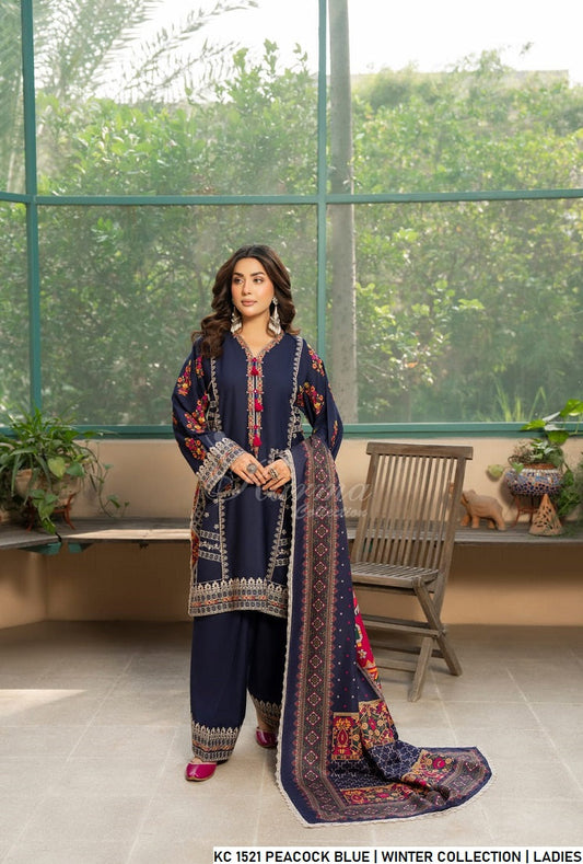 Silk short shirt peacock blue - Pakistani women's traditional formal outfit with silk fabric front view