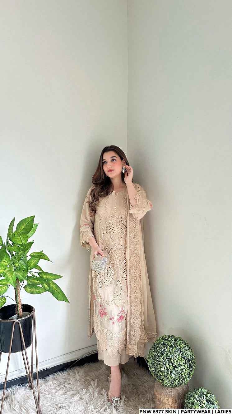 Skin chiffon Pakistani women's straight shirt with plazo side view