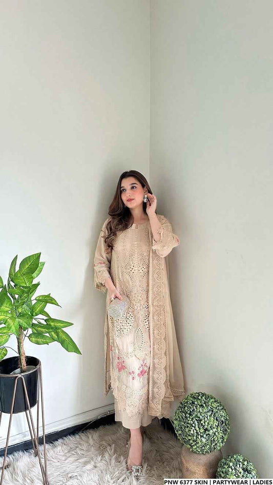 Skin chiffon Pakistani women's straight shirt with plazo side view