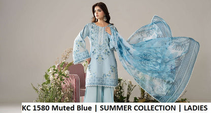 KC AYRA 1580 Muted Blue - Muted Blue Embroidered 3-Piece Women's Pakistani Lawn Suit