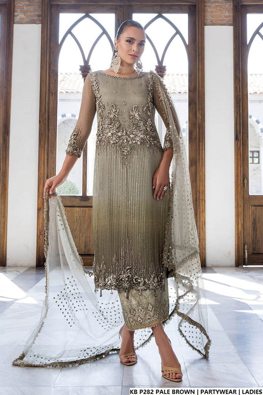 Hand embroidered luxury suit pale brown - Pakistani women's bridal formal wear with embroidered dupatta front view