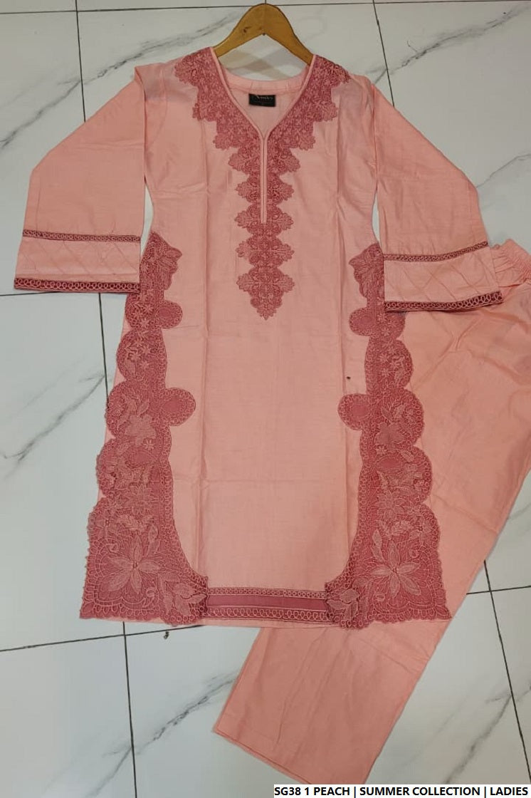 Lawn A-Line shirt peach - Pakistani women's casual summer outfit with cotton trouser and lawn dupatta front view