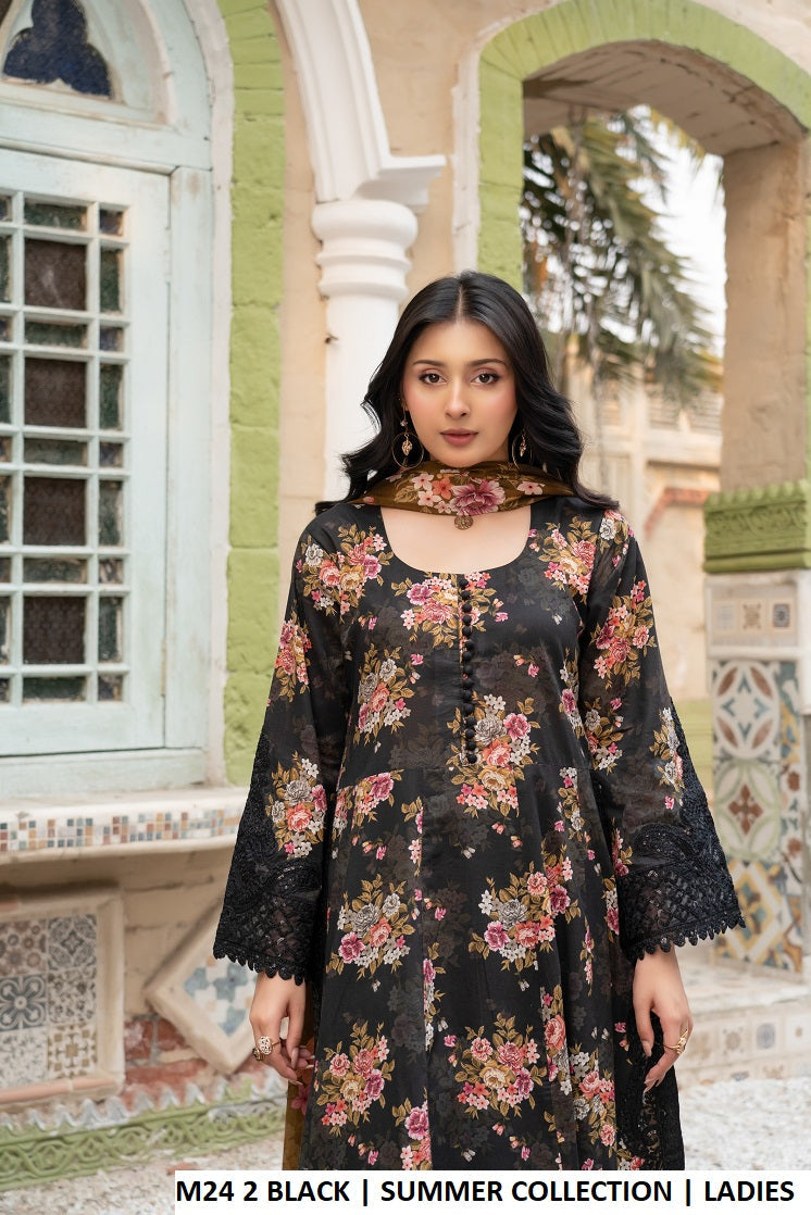 M24 2 PRINT - Elegant Printed Lawn 3-Piece Women's Long Frock Suit