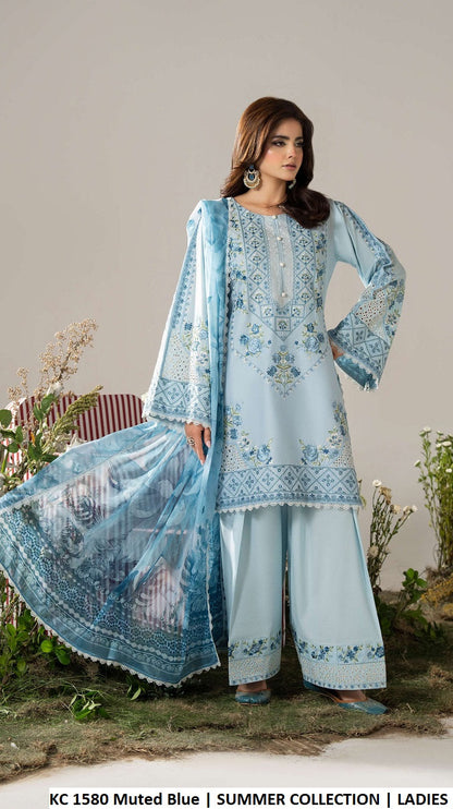 KC AYRA 1580 Muted Blue - Muted Blue Embroidered 3-Piece Women's Pakistani Lawn Suit
