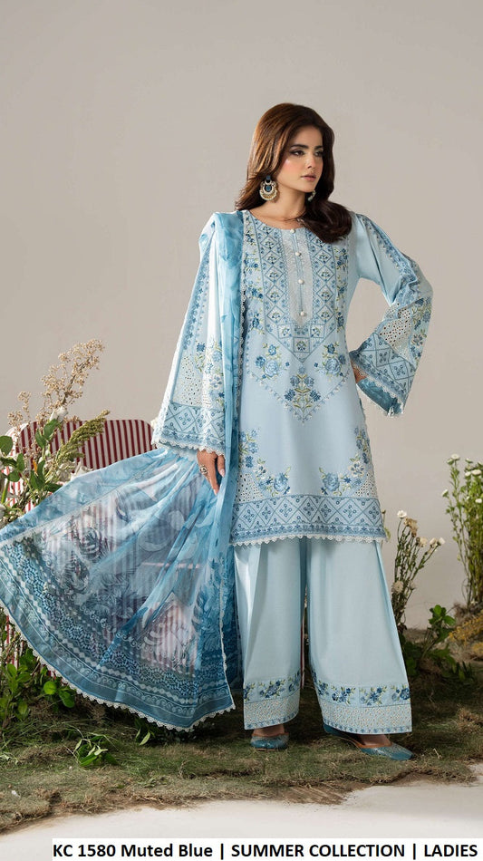 KC AYRA 1580 Muted Blue - Muted Blue Embroidered 3-Piece Women's Pakistani Lawn Suit