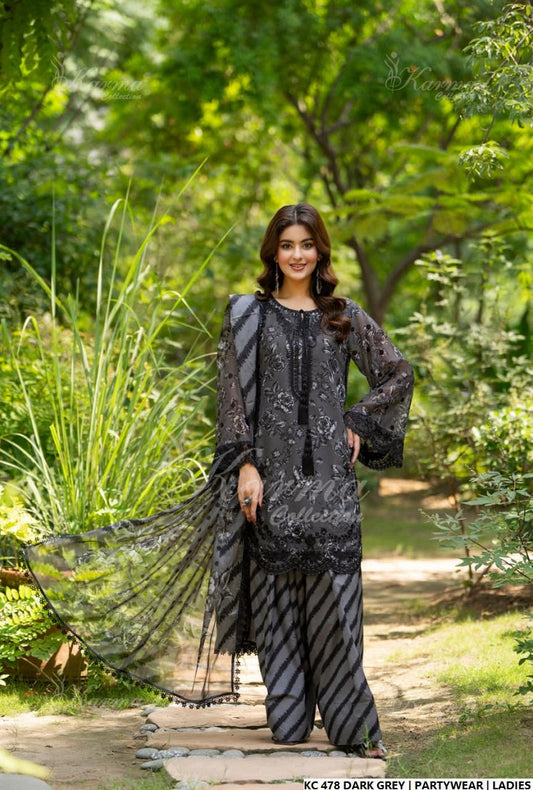 Dark grey silk Pakistani women's long kaftan side view