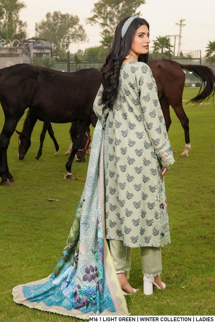 Pakistani women's light green lawn A-Line casual outfit back view