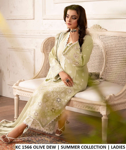 KC TABEER 1566 OLIVE DEW Pakistani women's cotton organza 3D flower work shirt detail view