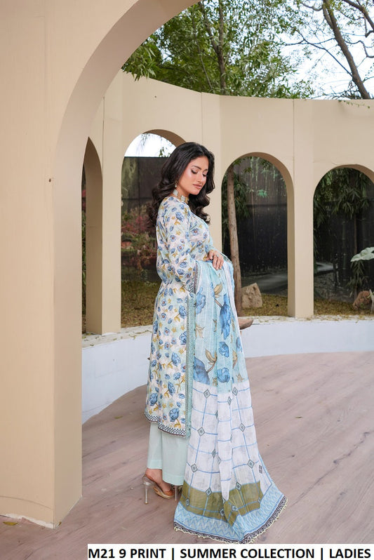 Pakistani women's lawn A-Line printed shirt plazo side view