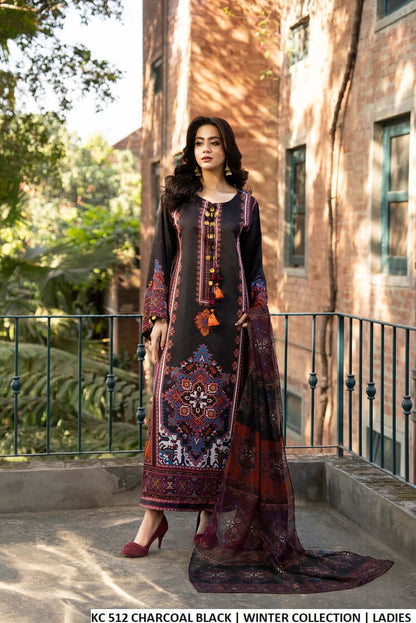 Silk long A-Line shirt plazo charcoal black - Pakistani women's luxury formal wear with matching silk dupatta front view