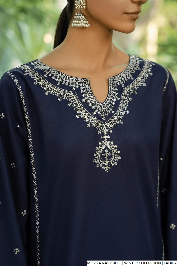 Pakistani women's navy blue khaddar straight winter shirt back view
