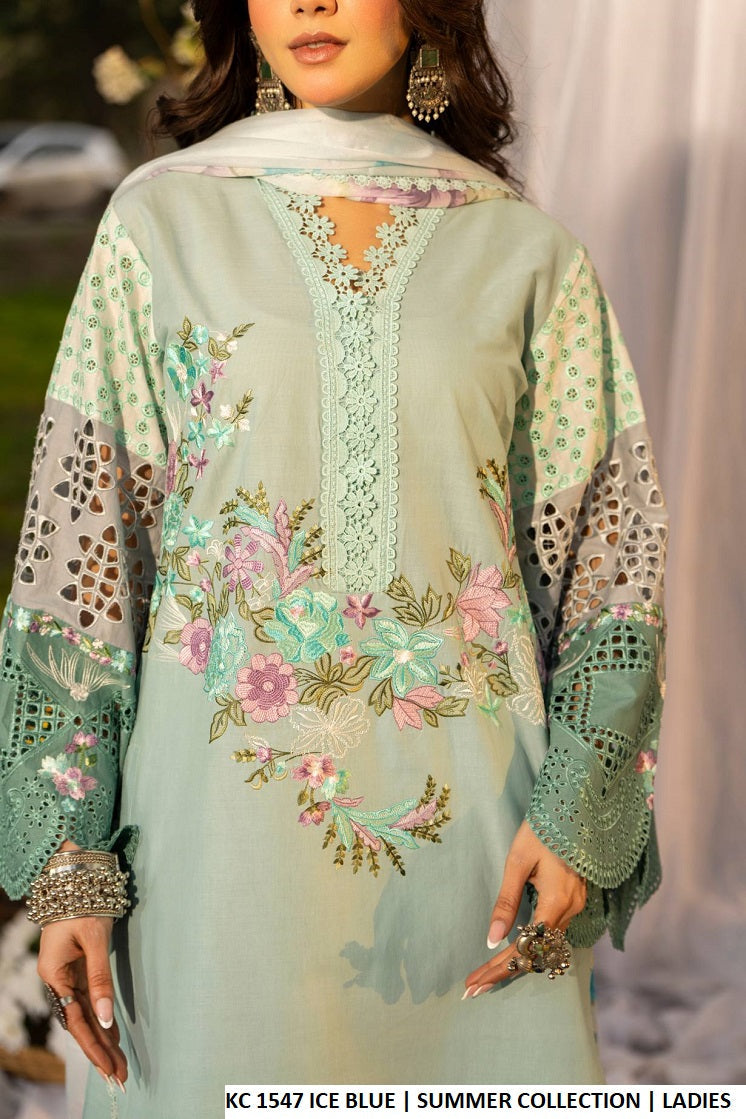 Pakistani women's ice blue cotton short high neck embroidered shirt back view