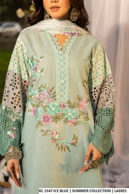 Pakistani women's ice blue cotton short high neck embroidered shirt back view