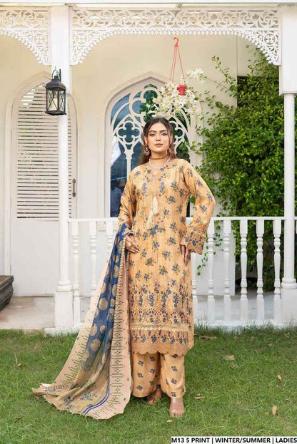 Lawn A-Line printed shirt - Pakistani women's casual summer outfit with cotton trouser and lawn dupatta front view