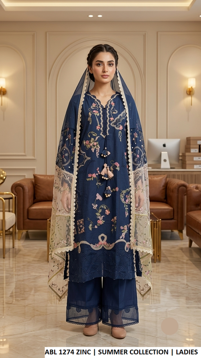 ABL 1274 ZINC - Zinc Cotton Embroidered Straight 3-Piece Women's Pakistani Suit
