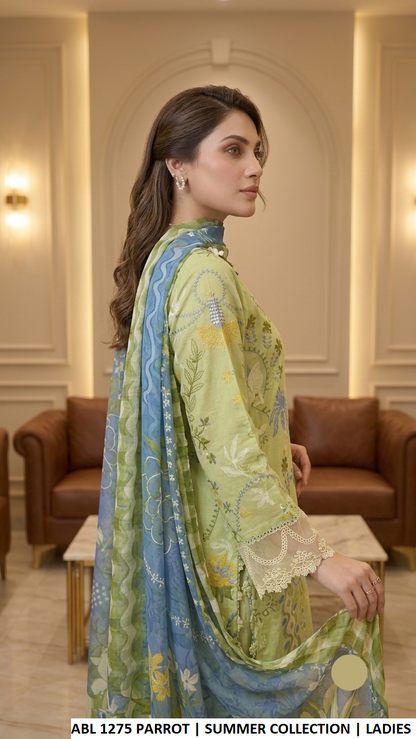 ABL 1275 PARROT - Parrot Green Poly Lawn Straight 3-Piece Women's Pakistani Suit
