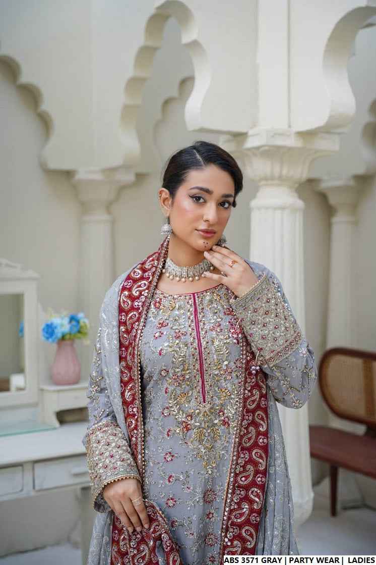 Organza straight shirt grey - Pakistani women's elegant formal wear with viscose trouser and organza dupatta front view