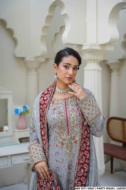 Organza straight shirt grey - Pakistani women's elegant formal wear with viscose trouser and organza dupatta front view