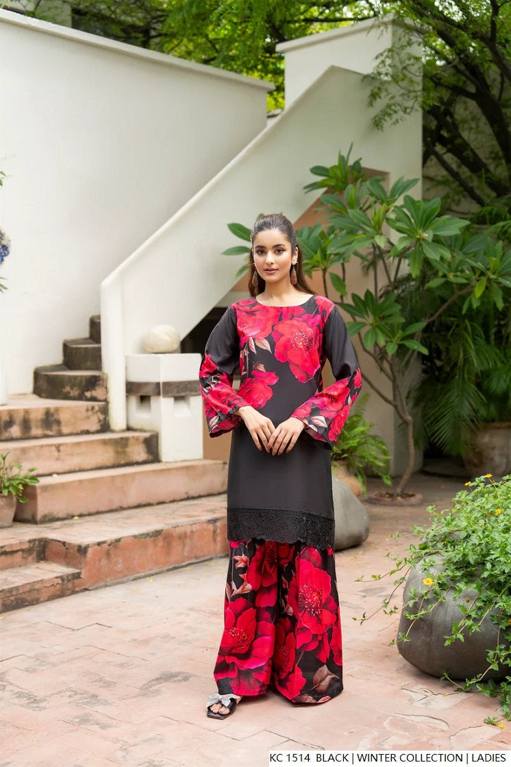 Silk 2-piece black - Pakistani women's elegant formal wear with silk trouser and silk dupatta front view