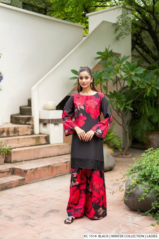 Silk 2-piece black - Pakistani women's elegant formal wear with silk trouser and silk dupatta front view