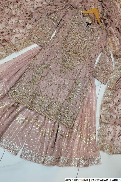 Pakistani women's tea pink organza straight shirt detail view