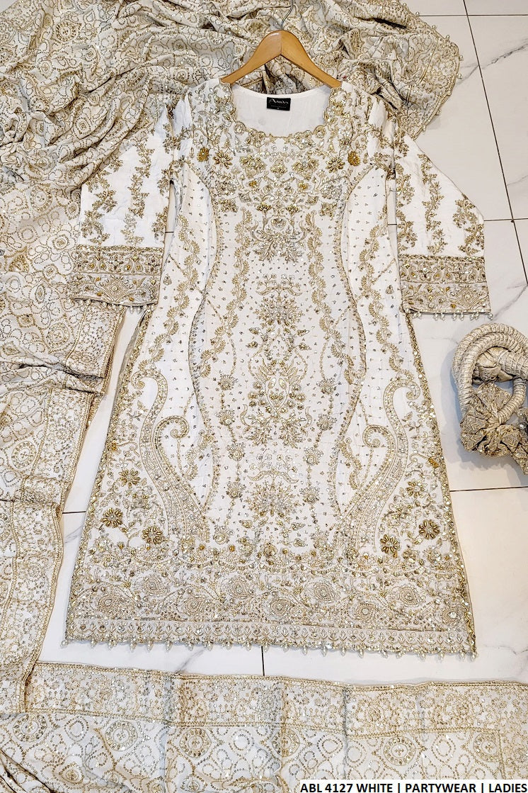 ABL 4127 Pakistani women's formal wear with jamawar trouser full view