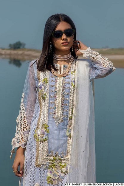 Grey hand embroidered Pakistani women's luxury frock side view