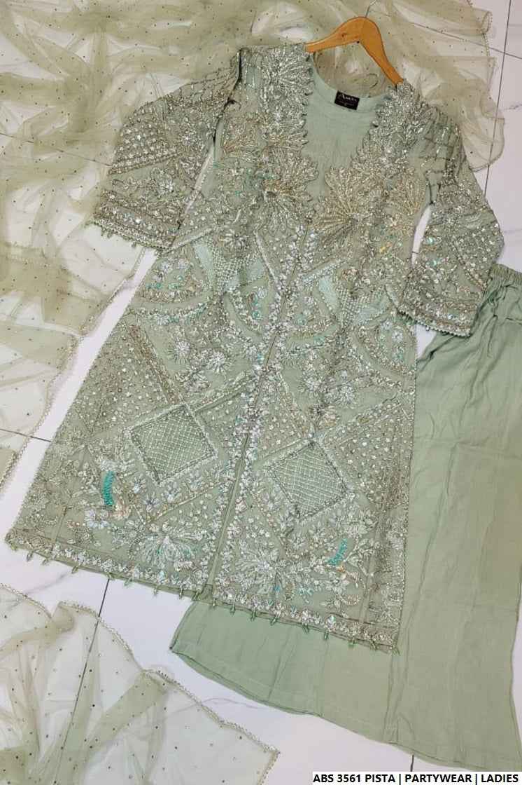 Pakistani women's pista green organza straight shirt back view