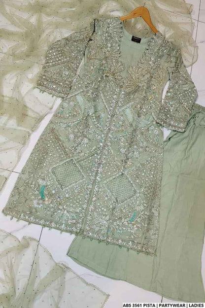 Pakistani women's pista green organza straight shirt back view