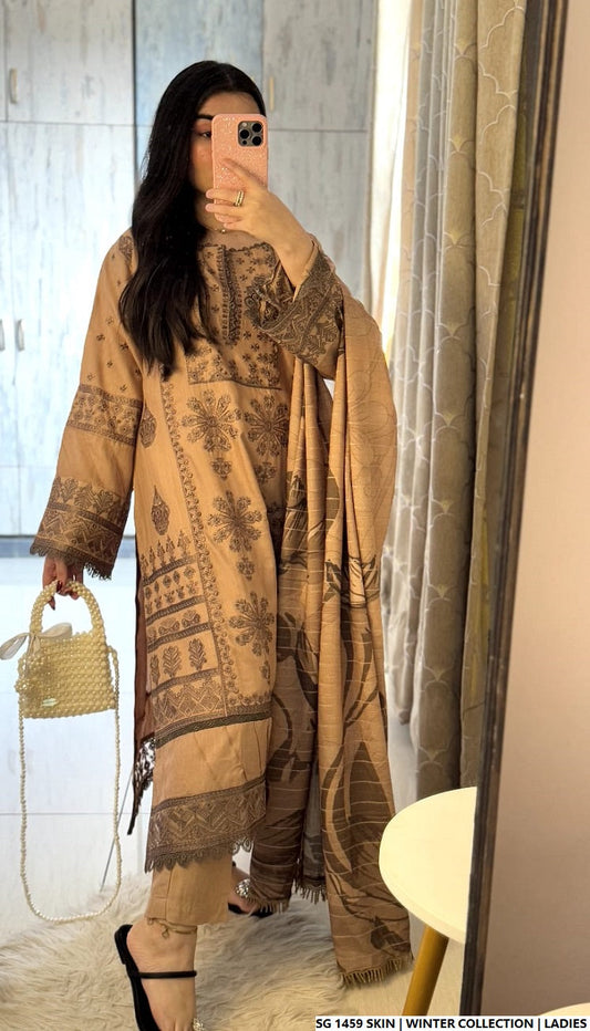 Dhanak A-Line shirt SG 1459 - Pakistani women's winter suit with digital shawl front view