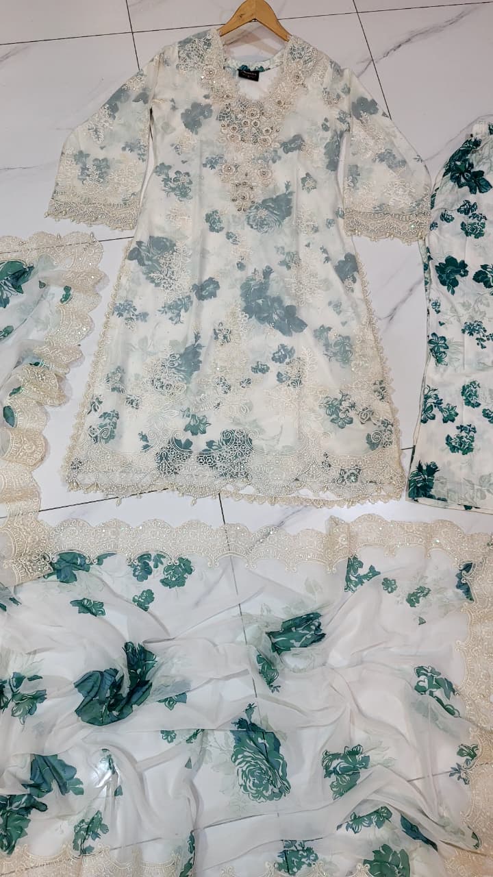Pakistani women's green white organza A-Line shirt back view