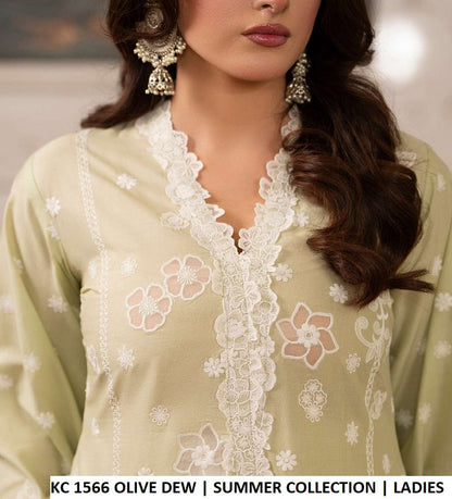 KC TABEER 1566 OLIVE DEW Pakistani women's cotton high neck cutwork outfit back view